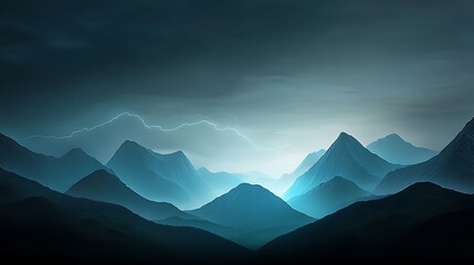 Fototapeta premium Serene mountain landscape under a dramatic sky illuminated by distant lightning strikes