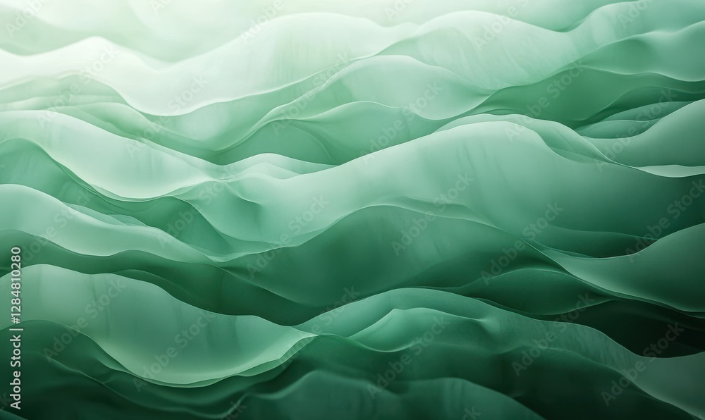 Poster minimalist design of smooth layered green waves blending seamlessly, illuminated softly for a calm a