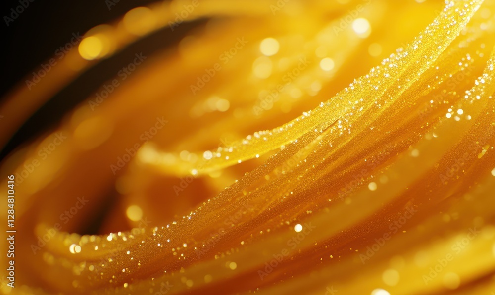 Poster macro shot of sparkling golden particles swirling dynamically against a sleek dark background illumi