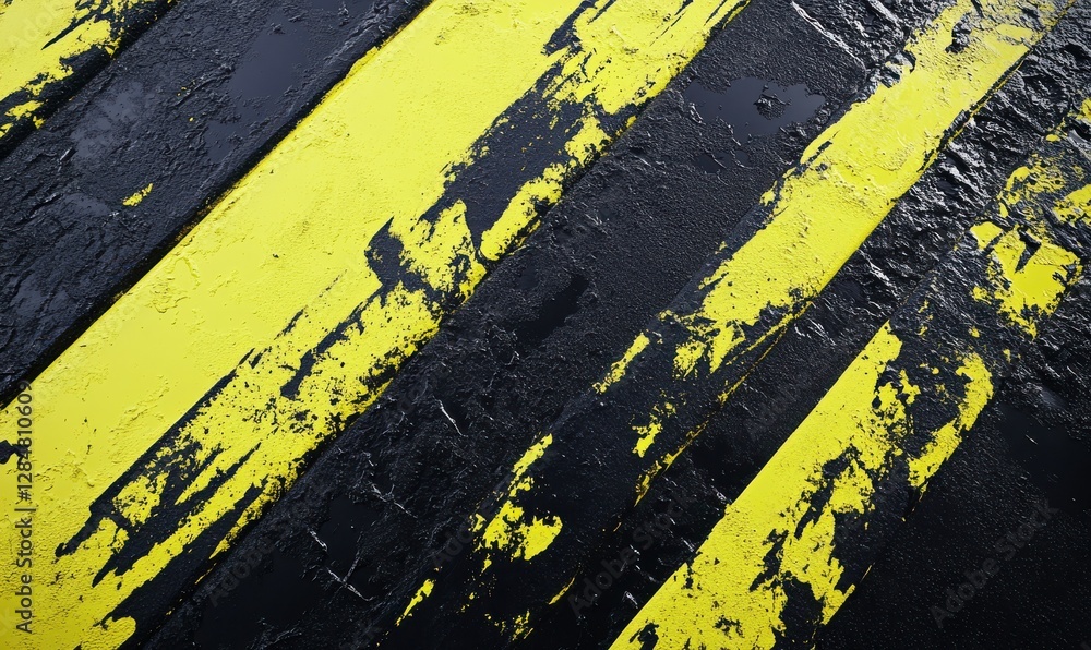Poster dynamic diagonal streaks of neon yellow and black paint layered on a textured surface, creating a bo