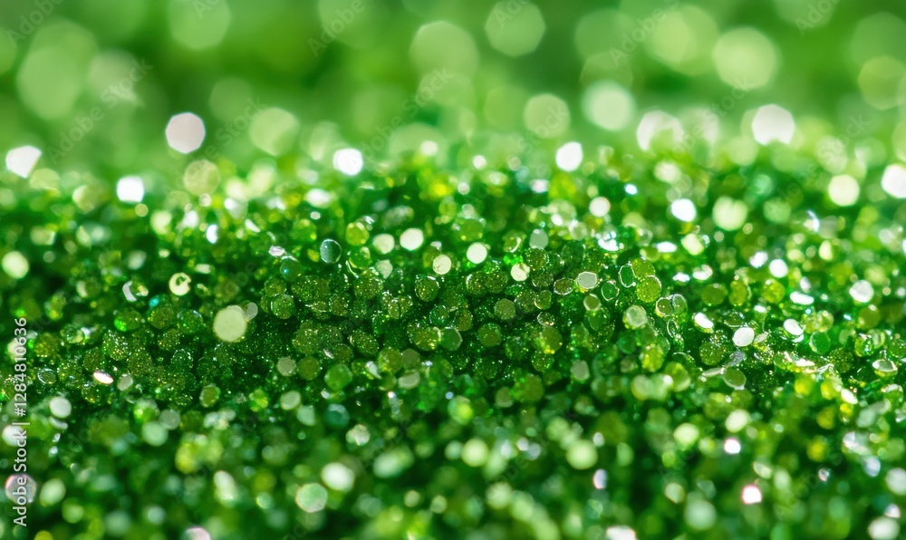 Poster macro shot of vibrant green glitter particles reflecting soft light, creating a dynamic and festive 