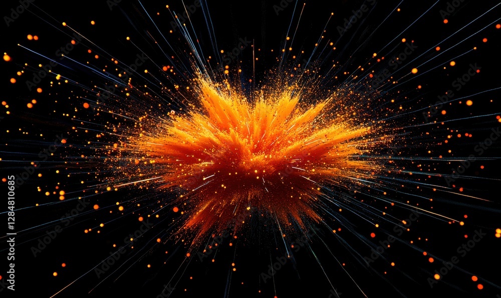 Poster dynamic explosion of glowing orange and red particles frozen mid-motion against a dark background, c