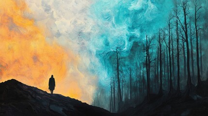 Surreal digital painting of a lone figure standing on a hill, facing a dramatic contrast between warm orange light and a cold, eerie blue forest