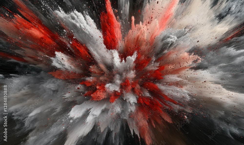 Poster dynamic explosion of red and gray particles frozen mid-motion, creating an intense and energetic abs
