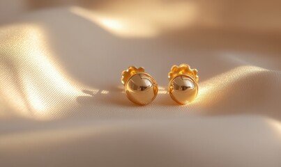 Obraz premium Minimalist display of golden earrings placed on a soft beige background, illuminated by subtle glowing light, creating a luxurious and modern jewelry composition