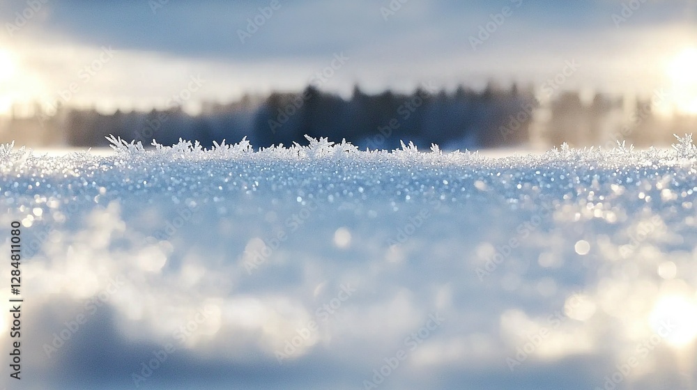 Poster sunlight illuminates a snow-covered field with trees behind it, while snowflakes fall in the foregro