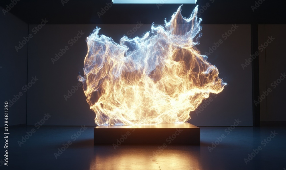 Poster dynamic flames captured mid-motion in a darkened room illuminated by glowing light, evoking energy a