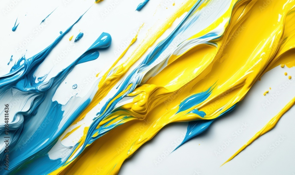 Poster dynamic flow of diagonal yellow and blue paint streaks layered on a textured white surface, creating