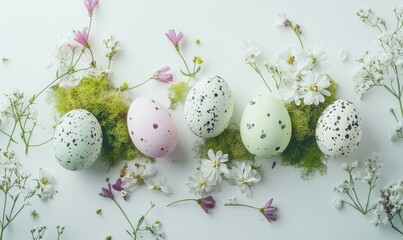 Minimalist flat lay of Easter-themed decor featuring pastel eggs, fresh flowers, and soft moss arranged on a clean white background, bright light enhancing clarity,