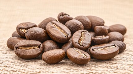 Naklejka premium Roasted coffee beans scattered over rough burlap, revealing deep brown colors and rustic texture, representing authentic artisan coffee preparation