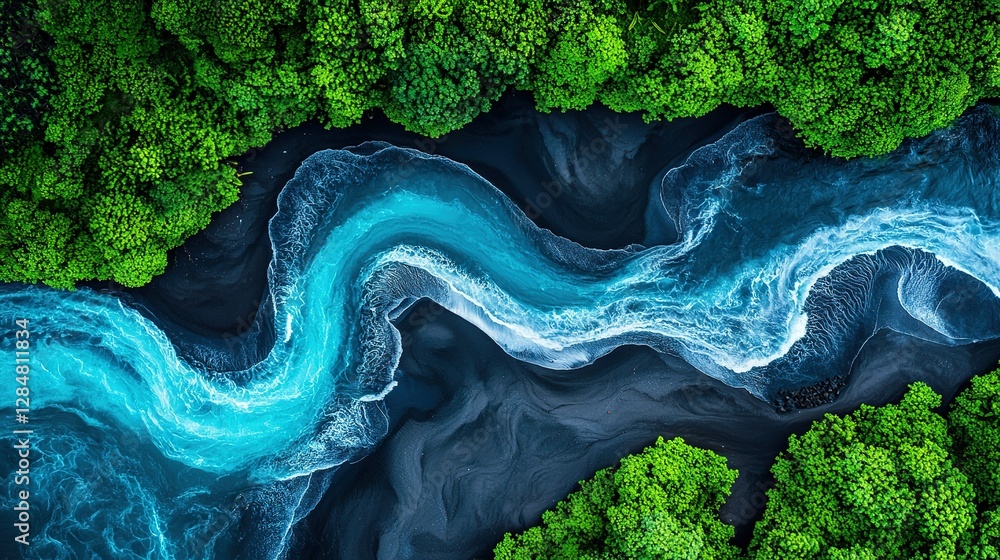 Poster an aerial view of a river running through a dense forest