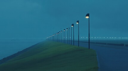 Obraz premium A long stretch of road lined with streetlights, fading into the distance at night