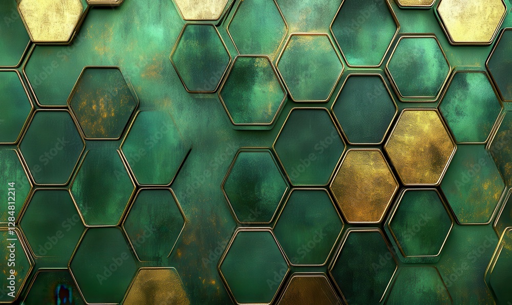 Poster dynamic geometric honeycomb pattern in shades of green and gold illuminated by glowing highlights, c