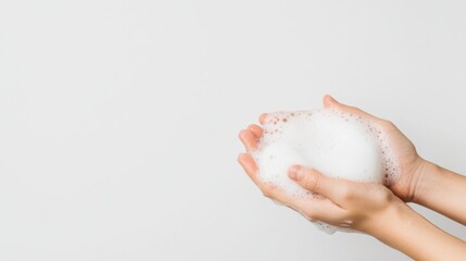 Woman washing hands with soap, generating foamy lather, practicing personal hygiene and cleanliness near white background with space for text