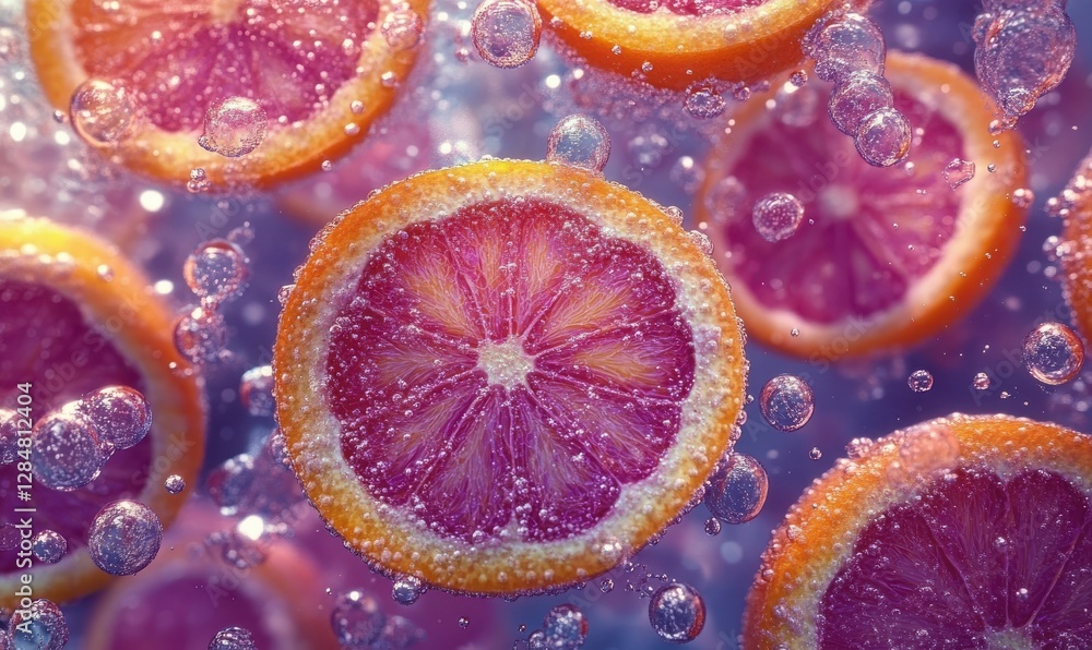 Poster fresh orange slices submerged in sparkling water, vibrant colors and refreshing bubbles creating a l