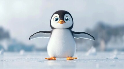 Obraz premium A penguin stands on ice with arms spread, eyes wide open to camera