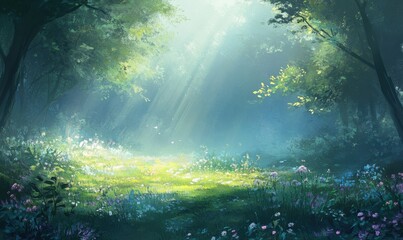 Majestic morning mist in a forest clearing, softly illuminated to create a serene and magical atmosphere