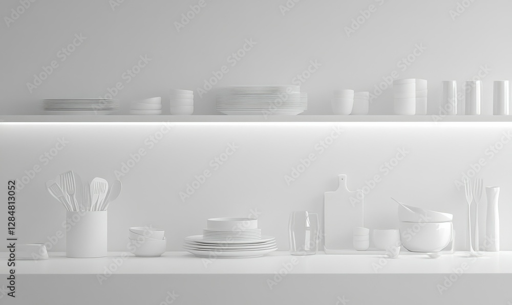Aufkleber minimalist white kitchen setup with neatly arranged dishes and utensils, clean lines and soft lighti
