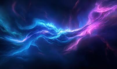 Dynamic glowing wave of blue and purple light flowing across a dark background, creating a futuristic and energetic composition
