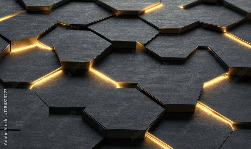 Poster minimalist geometric pattern of black hexagons with glowing golden edges, illuminated by ambient lig