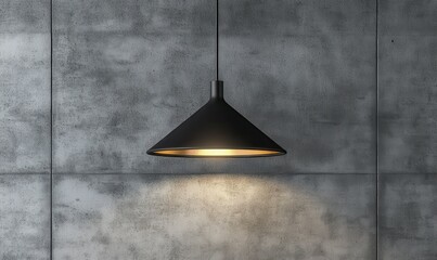 Minimalist geometric pendant light hanging against a concrete wall, sleek design and soft lighting creating a modern industrial aesthetic