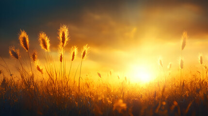 Golden sunset over grassy field, nature background