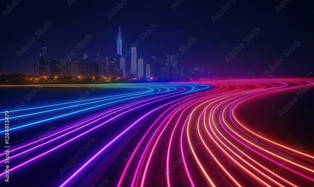 Poster dynamic motion trails of multicolored neon lights stretching across a dark cityscape, creating a sen