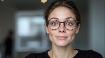 Woman with eyeglasses, confident indoor portrait, focus on expression, possible use in magazine