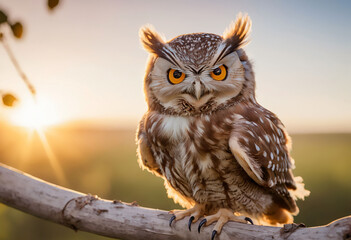 Naklejka premium Sunlit Owl Perched with Raised Ear Tufts on Branch