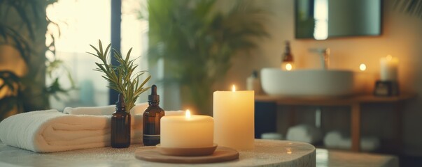 Peaceful spa setting with candles, aromatherapy oils, and towels in serene atmosphere