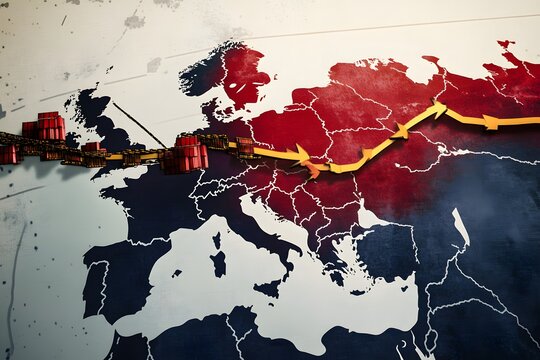 Geopolitical Trends: A stylized map of Europe with a focus on Eastern Europe, highlighting areas with a striking red hue, and a dynamic route with arrow