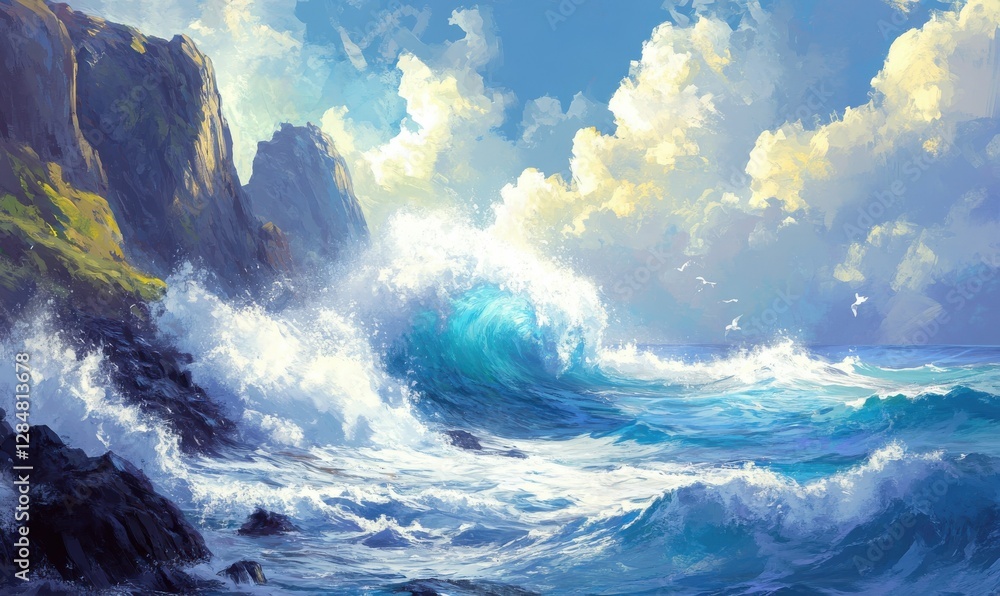 Poster dynamic ocean wave crashing against rocky cliffs, illuminated by bright natural light, creating a po