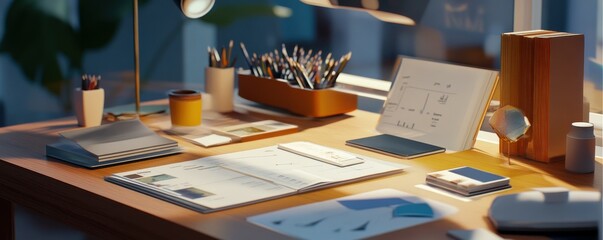 Cozy workspace with open sketchbooks and art supplies on wooden desk