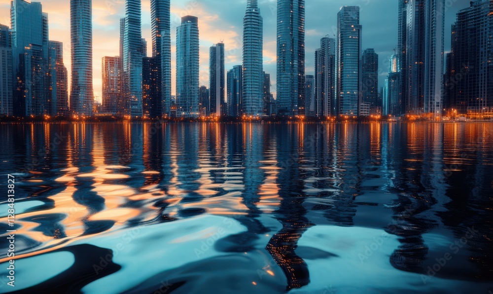 Poster modern cityscape reflected in a pool of water, with dynamic ripples adding motion to the serene view