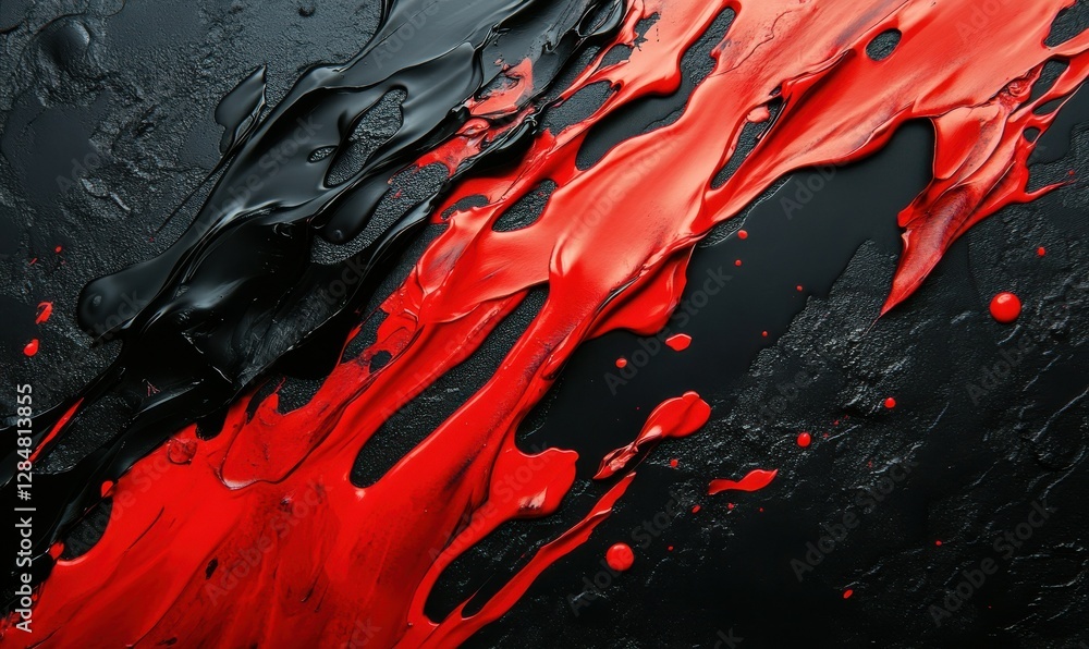 Poster dynamic red and black paint splashes frozen mid-motion, layered on a dark textured background for a 