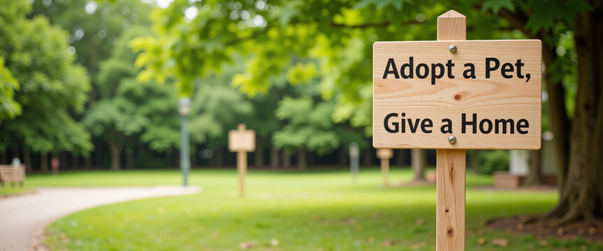 Adopt a Pet Sign in Lush Green Park Promoting Pet Adoption in a Bright, Cheerful Atmosphere