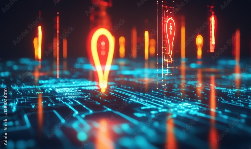 Poster modern digital interface with glowing data and location markers, symbolizing digital navigation.