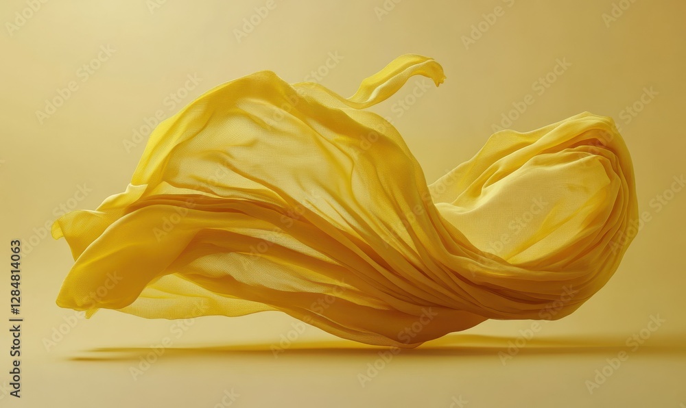 Poster minimalist abstract pattern of flowing yellow fabric captured mid-motion, illuminated by warm studio