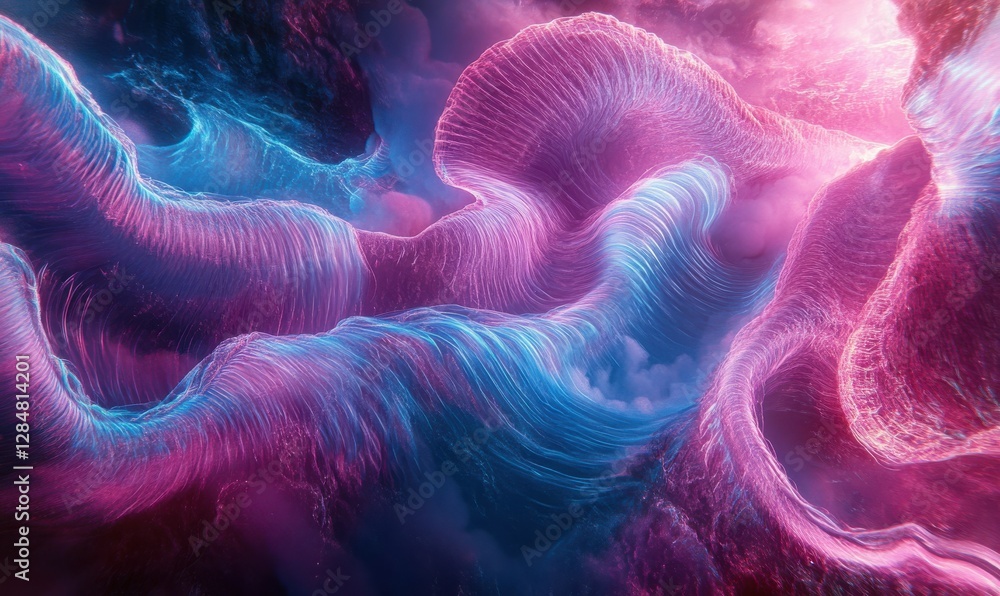 Poster dynamic rendering of vibrant pink and blue neon patterns forming abstract waves, symbolizing futuris