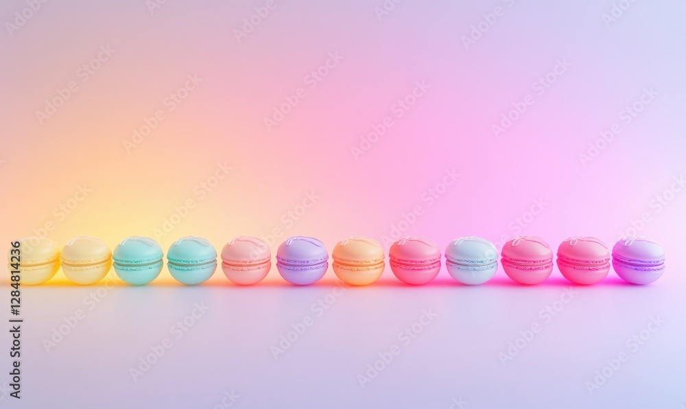 Poster minimalist arrangement of colorful macarons placed in neat rows on a pastel background, illuminated 