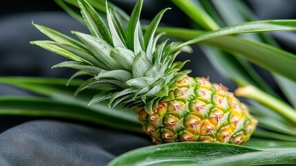 Fototapeta premium A close-up of a pineapple on a green leafy plant with a blue background and a black border
