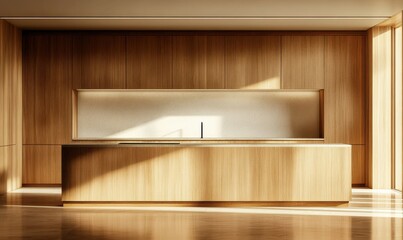 Minimalist kitchen with sleek wooden cabinets and white accents illuminated by natural sunlight creating a clean and modern design aesthetic
