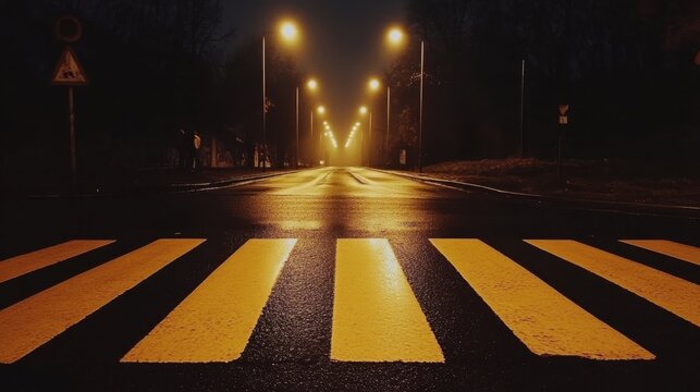 A pedestrian crossing at night illuminated by evenly spaced streetlights - Powered by Adobe