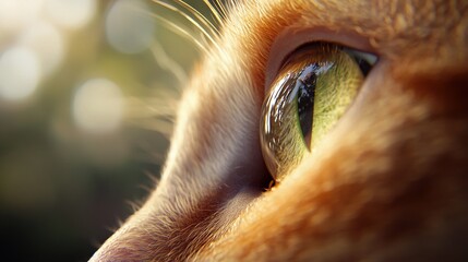 Obraz premium A close-up of a cat's eye with a blurry background of trees in the foreground