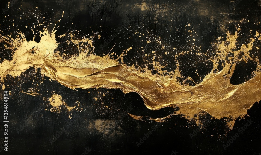 Aufkleber dynamic splash of golden liquid against a black background illuminated by glowing light, creating a 