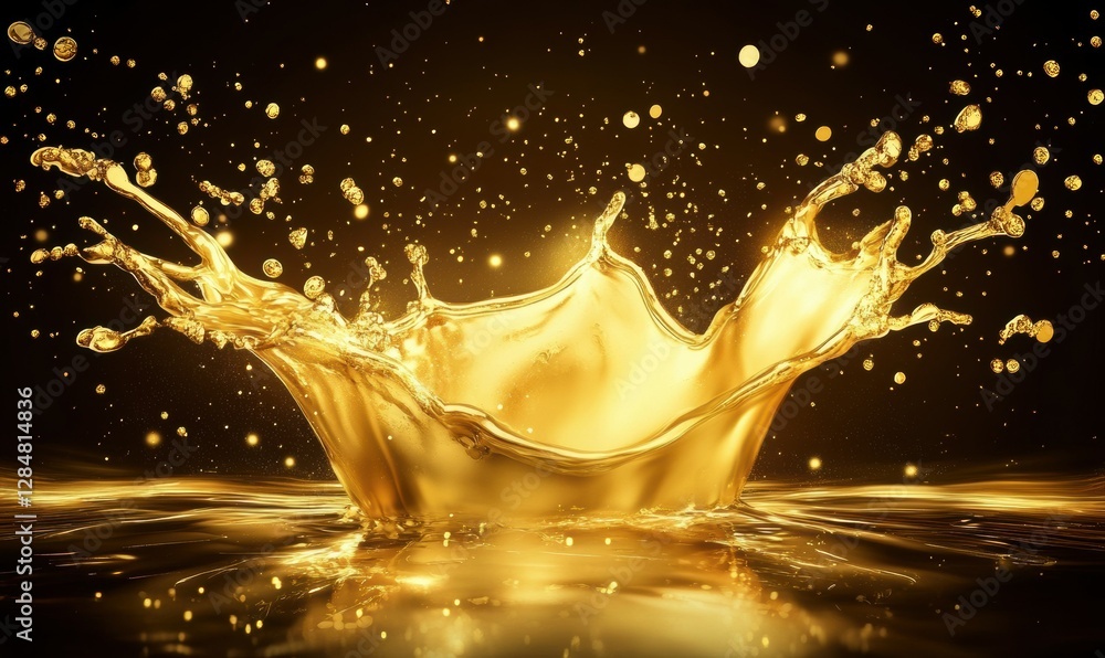 Aufkleber dynamic splash of golden liquid against a dark background illuminated by glowing light, creating an 