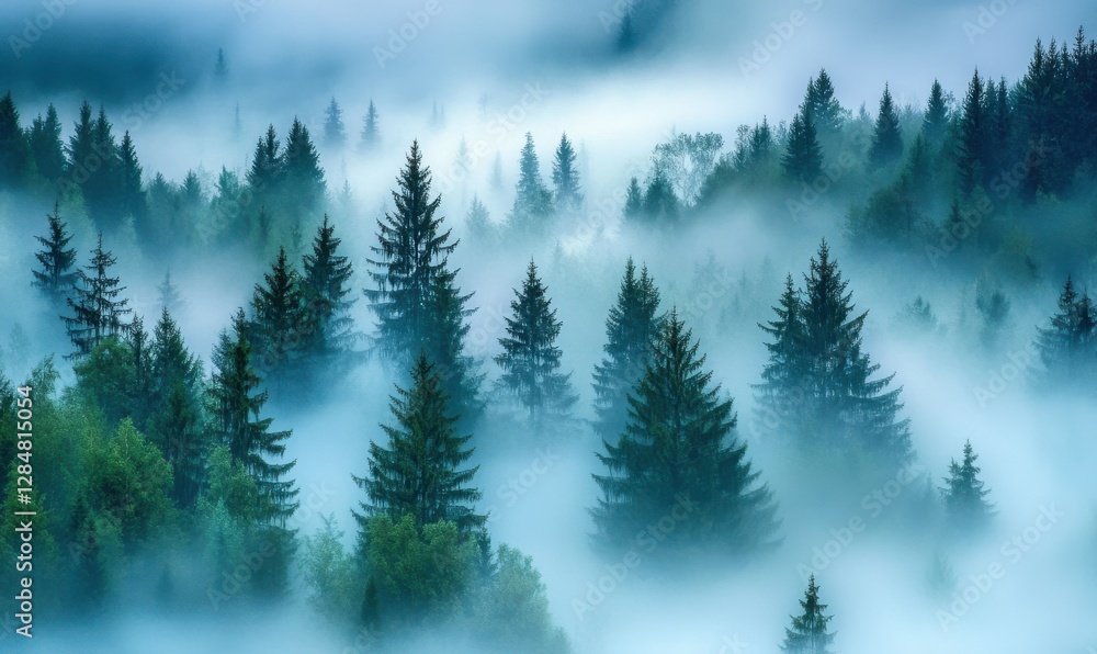 Poster mystical foggy forest with tall pine trees disappearing into the mist, soft diffused light creating 