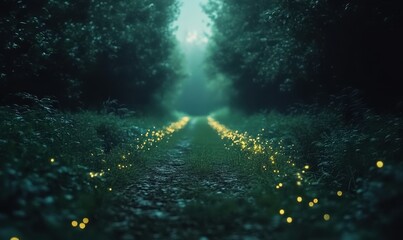 Obraz premium Mystical forest pathway illuminated by tiny glowing fireflies, soft green and blue tones blending into a dark enchanted atmosphere,