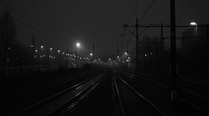 Fototapeta premium A railway track at night with distant streetlights in the background