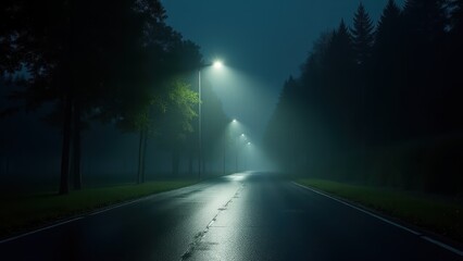 Slippery road sign, Front-facing slippery road sign glistens under artificial light on a rain-soaked road trees looming eerily.